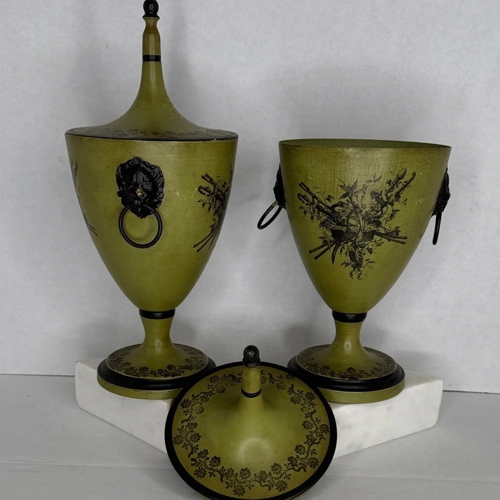Mid Century Italian Olive Tole Urns Pair Signed